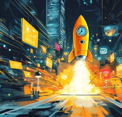 Raketen-Grafik für bahnbrechende Ideen und frischen Schwung in Deine Entwicklung.